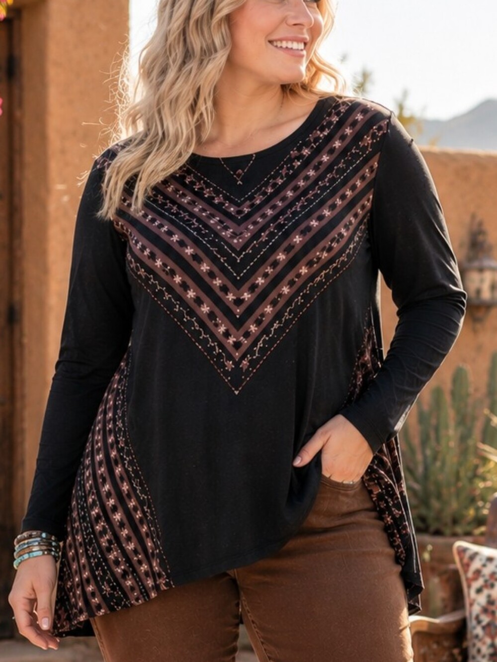 Southwestern Beaded Long Sleeve Tunic Embellished Super Soft Boho Flare Top